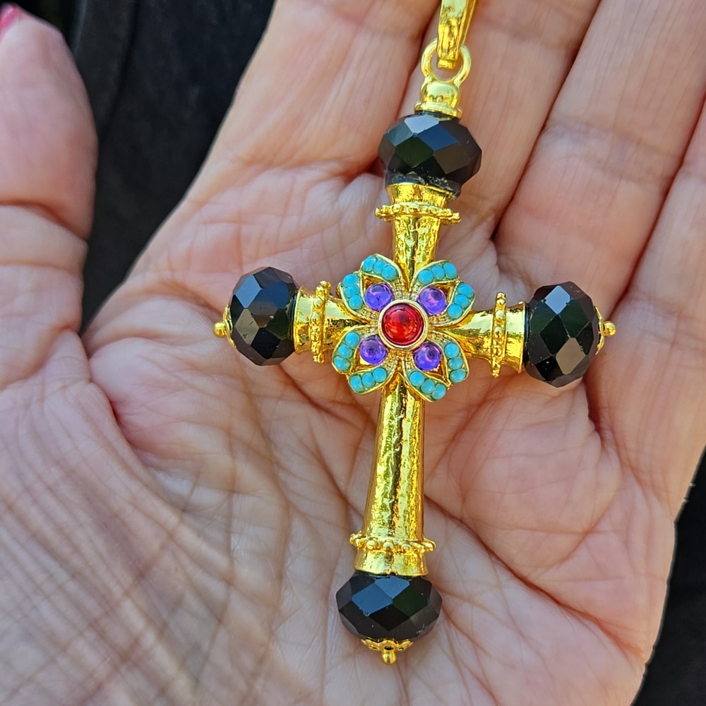 Cross Pendant Long Chain Necklace Gold & Black Embellished Vibrant Crystals nwot